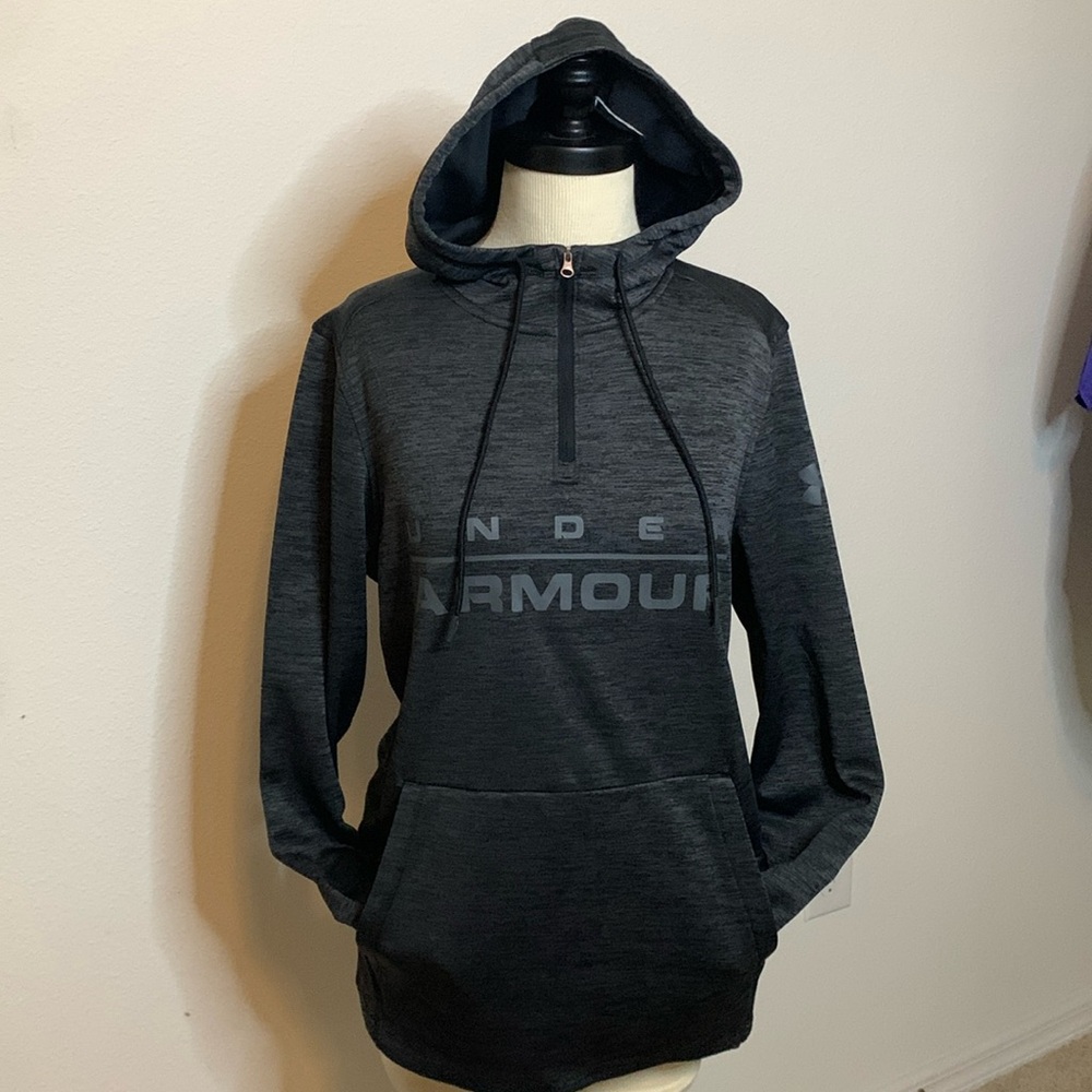 under Armour hoodie gray zipper at neck long sleeve kangaroo pocket small ptp 21
